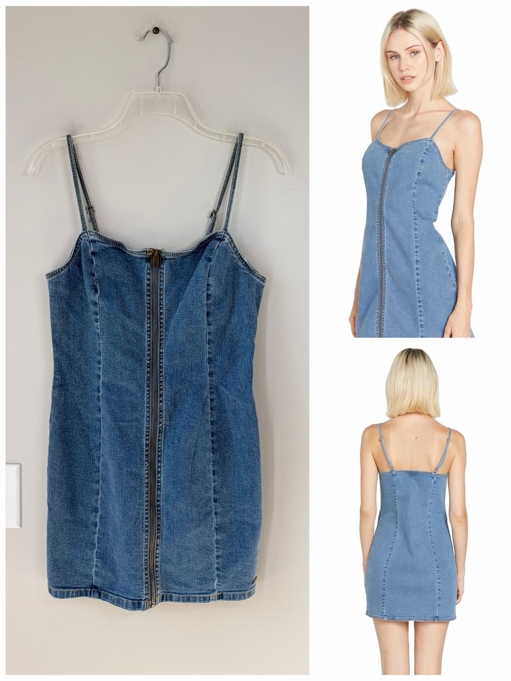 Volcom Medium Wash Zip Up Denim Mini Dress Stretch Concert Grunge Indie